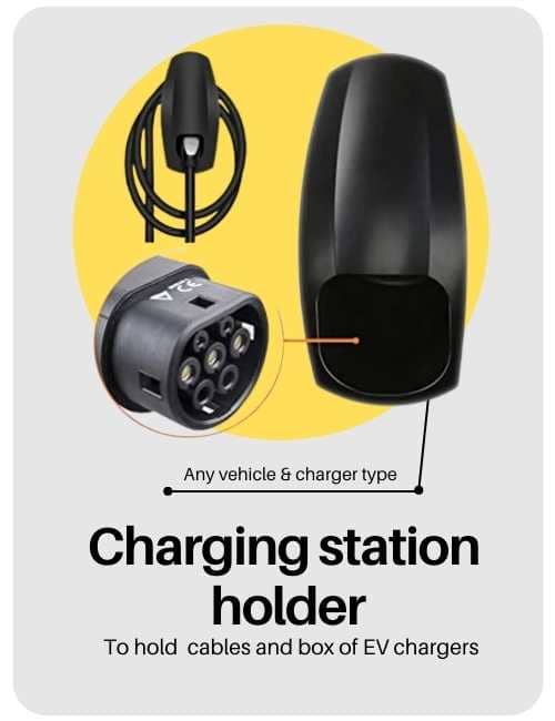 Electric car charger holder to hold electric car charging station and charger cables in place