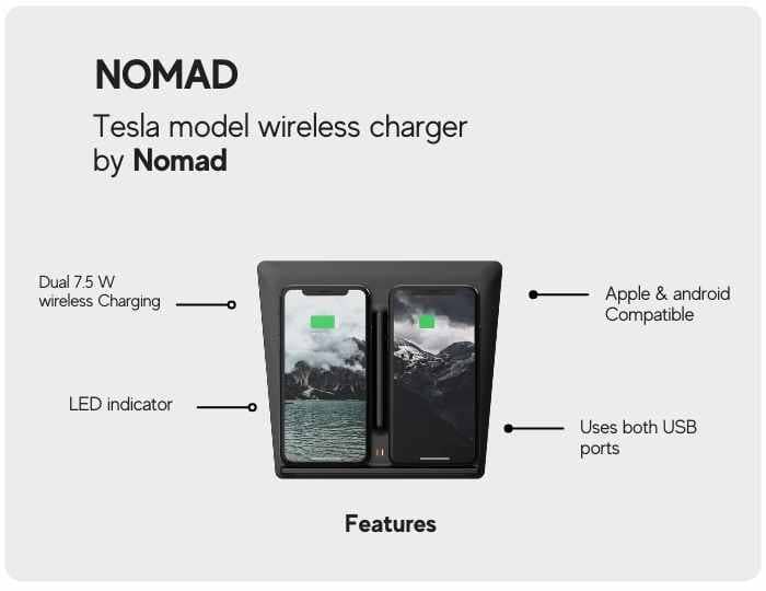 Tesla wireless phone charging pad from Nomad.in a black wireless phone charger for tesla 