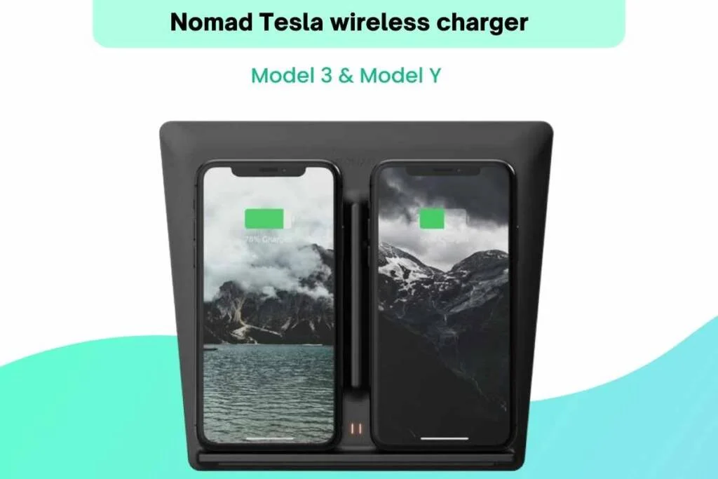Image of a Black Tesla wireless phone charger with two iPhones being charged