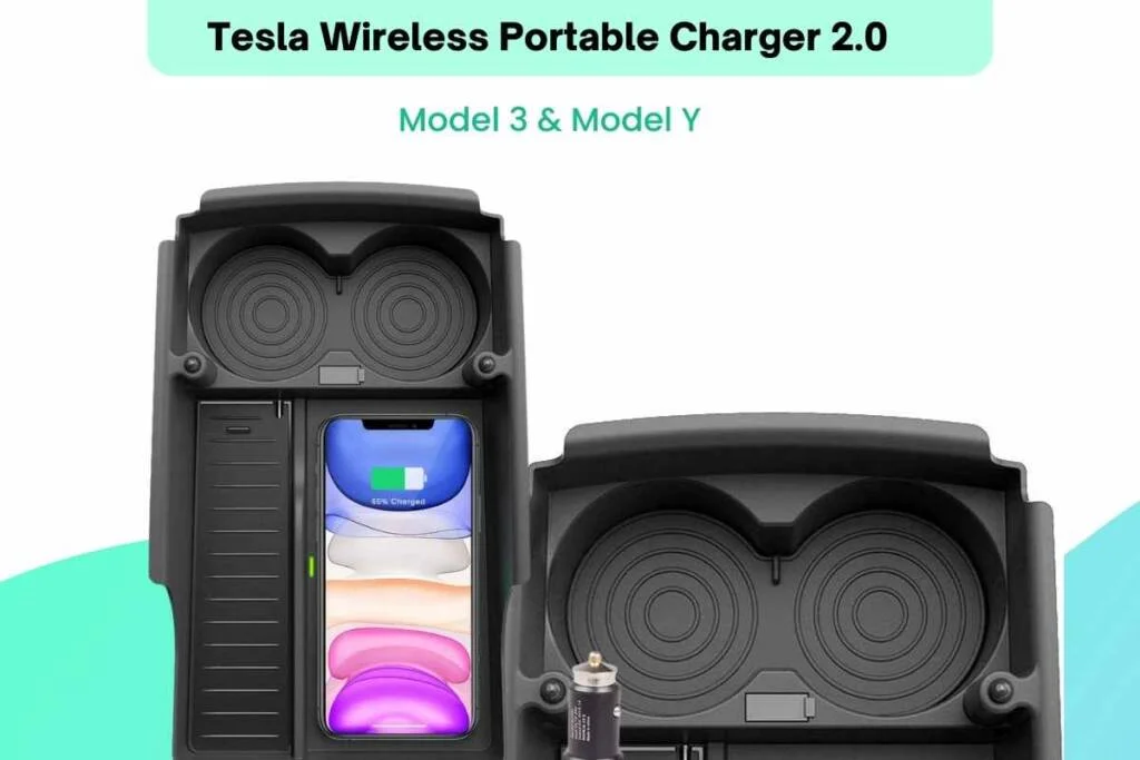 Image of black tesla wireless phone charger with center console organizer