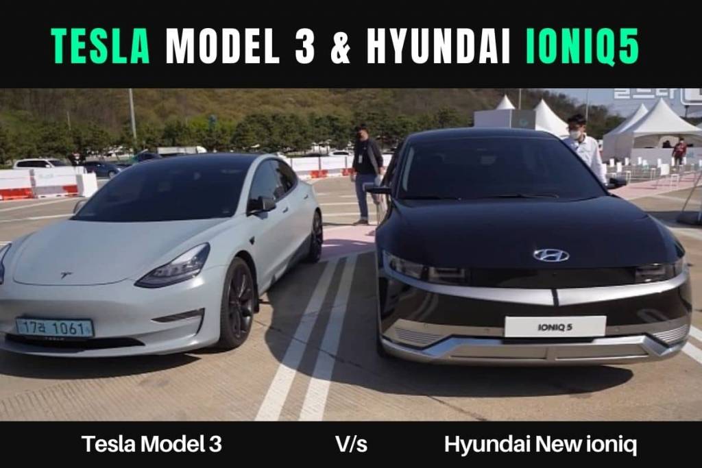 Image of Hyundai ioniq electric car and tesla model 3 comparison