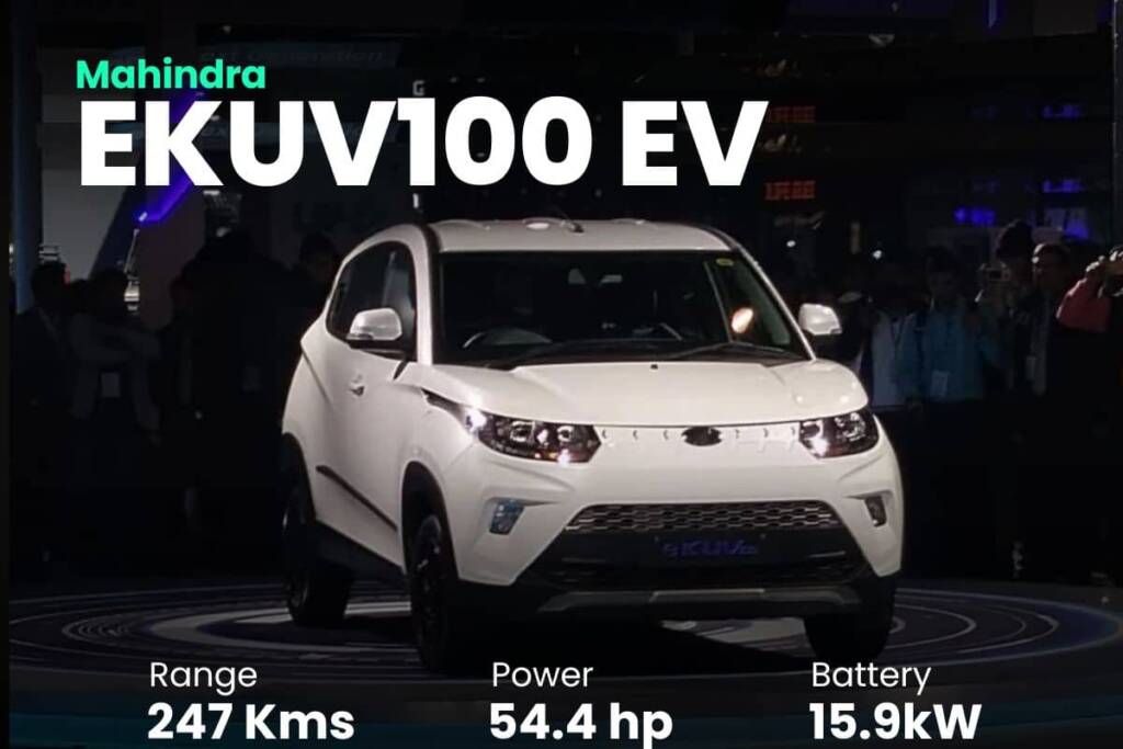 a white Mahindra eKUV 100 electric car in India with price, range, and features