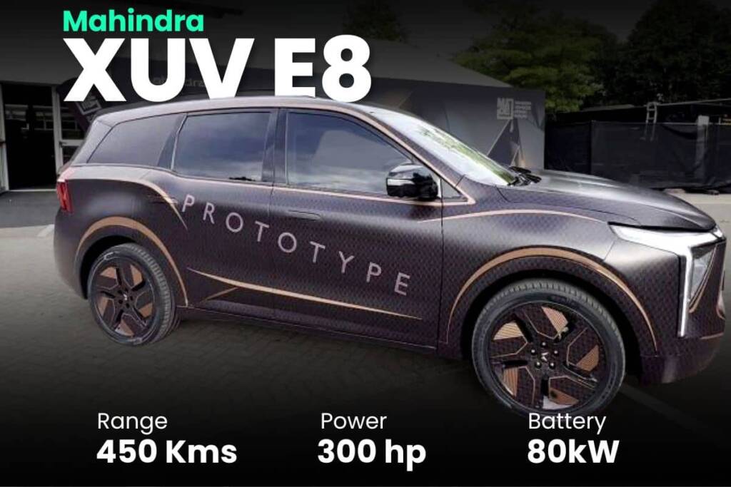 A black Mahindra XUV E8 electric car in India with features