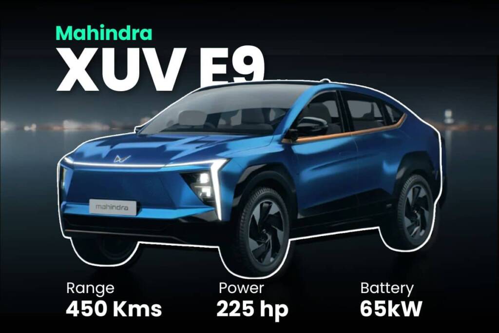 A blue Mahindra XUV E9 electric car in India with features, battery and range