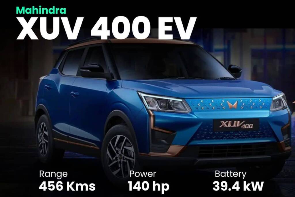 a blue Mahindra XUV 400 electric car in India with price, range, and features