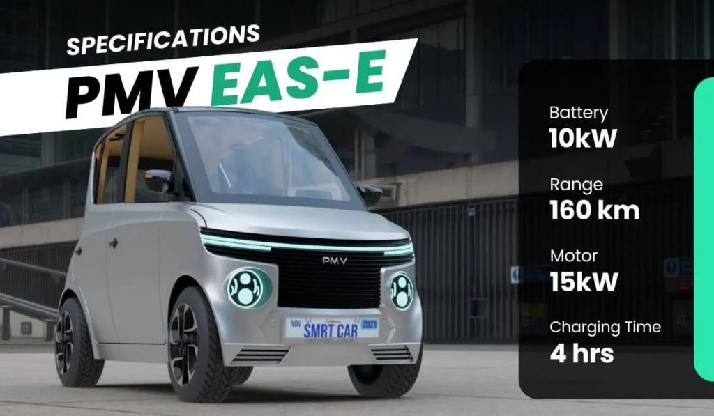 PMV EAS E electric car's battery, range, power, and top speed