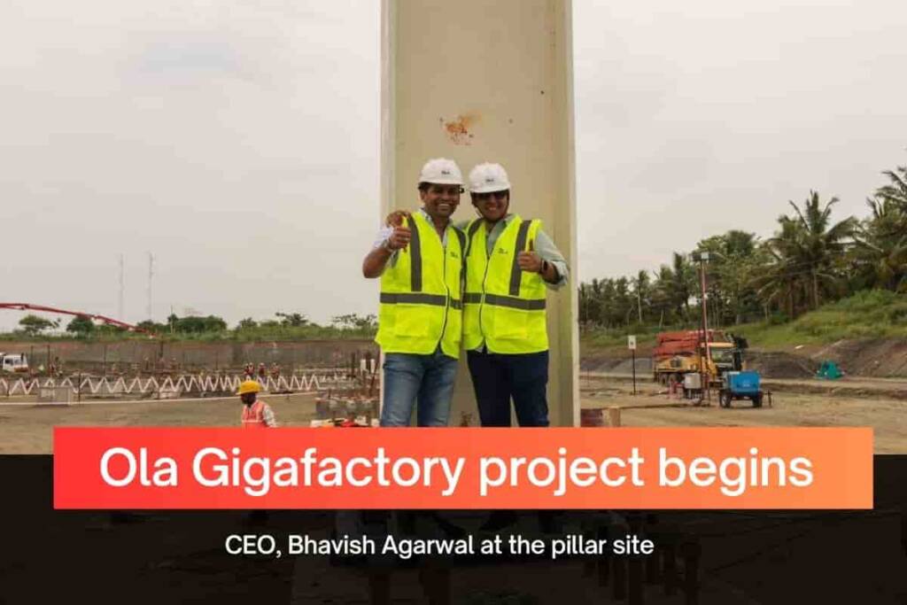 Image of Ola Gigafactory in Tamil Nadu where CEO Bhavish Agarwal is standing with a engineer during the pillar installation