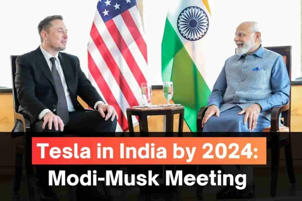 Image of a meeting between Indian prime minister Narendra Modi and Elon Musk where they are discussing the plan for the launch of Tesla in India