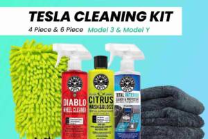 Image of Tesla car cleaning kit for model 3, model Y, and model Y with tire clear, glass cleaner, and wash gel
