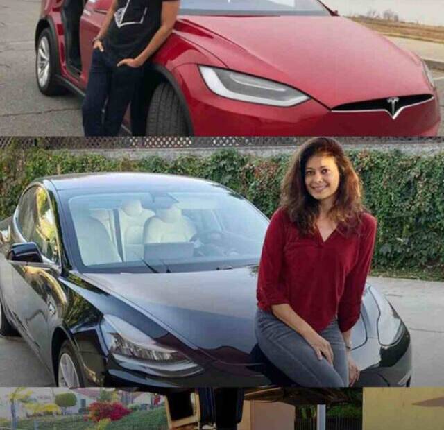 Image of tesla electric cars in India where Ritesh Deishmukh, Pooja Batra, and Bappi Lihiri are standing with their Tesla Cars