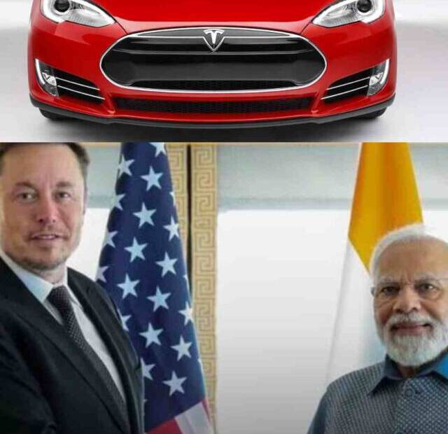 Image of Tesla electric car in India where Elon Musk and PM Narendra Modi are discussing on the launch of Tesla