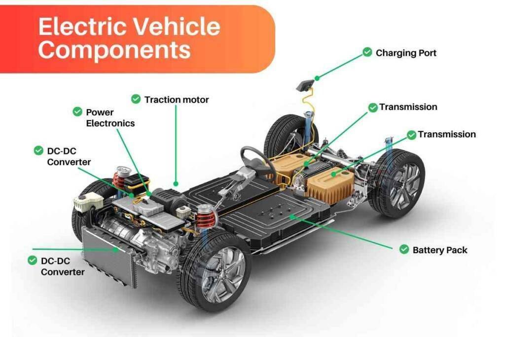 Image of different components of an electric car where battery pack, transmission, DC converter, charging port, motor, and power electronics are marked