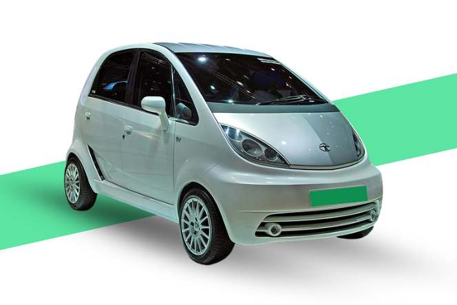Image of Tata Nano electric car in India in a silver color