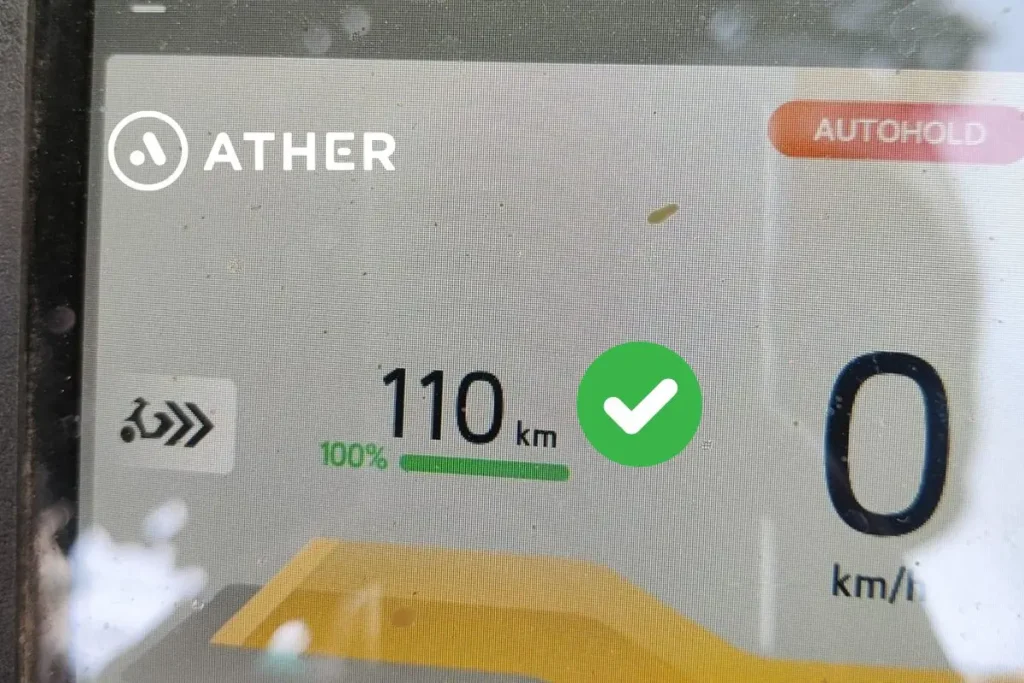 Ather electric scooter screen showing the range in eco mode