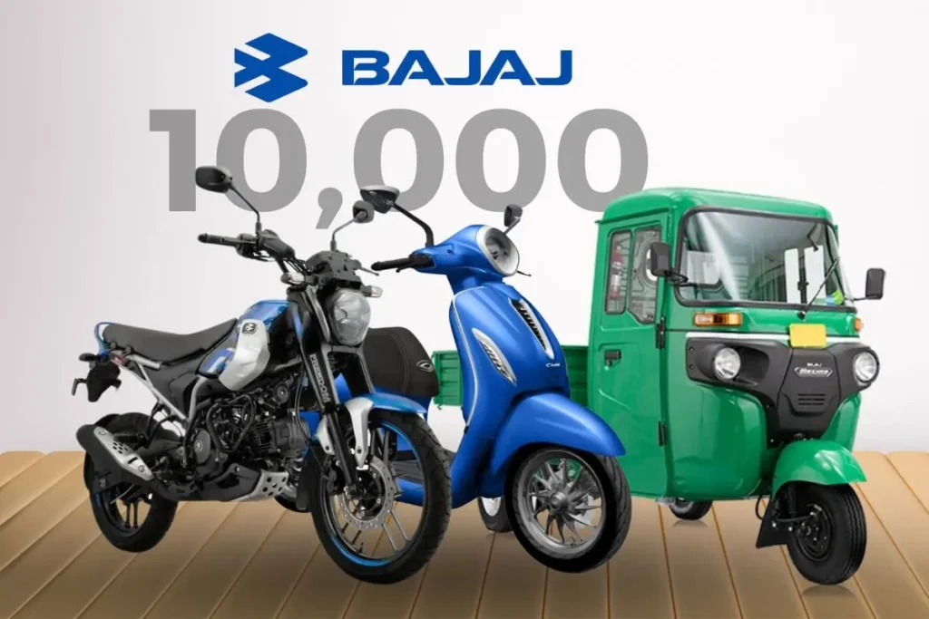 Bajaj Green vehicles including a blue CNG Bike, Green three wheeler, and a blue Bajaj Chetak Scooter