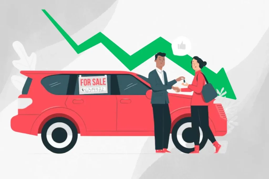 Red color second hand electric car being sold to a buyer