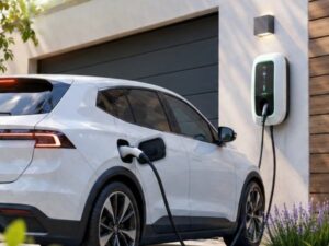 white electric Electric car being charged in home