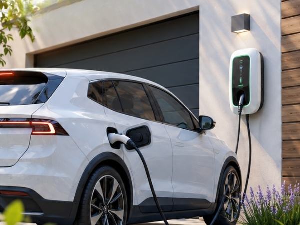 white electric Electric car being charged in home