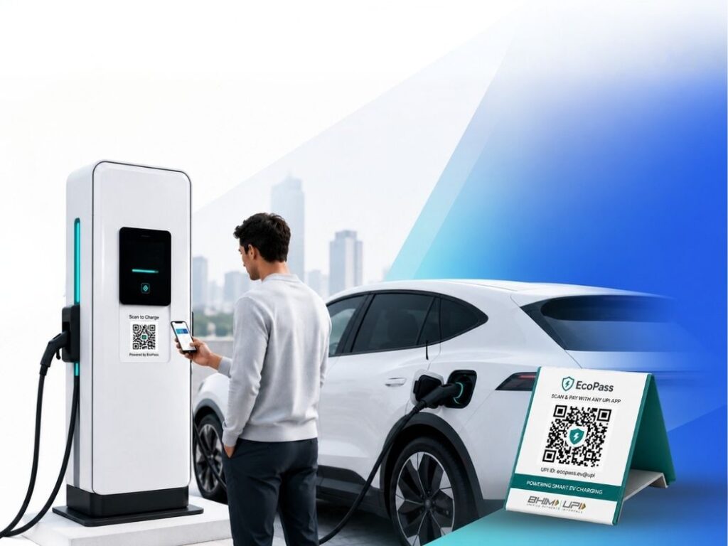 A person charging his electric car by scanning a UPI QR code at a UPI EV charging station in India