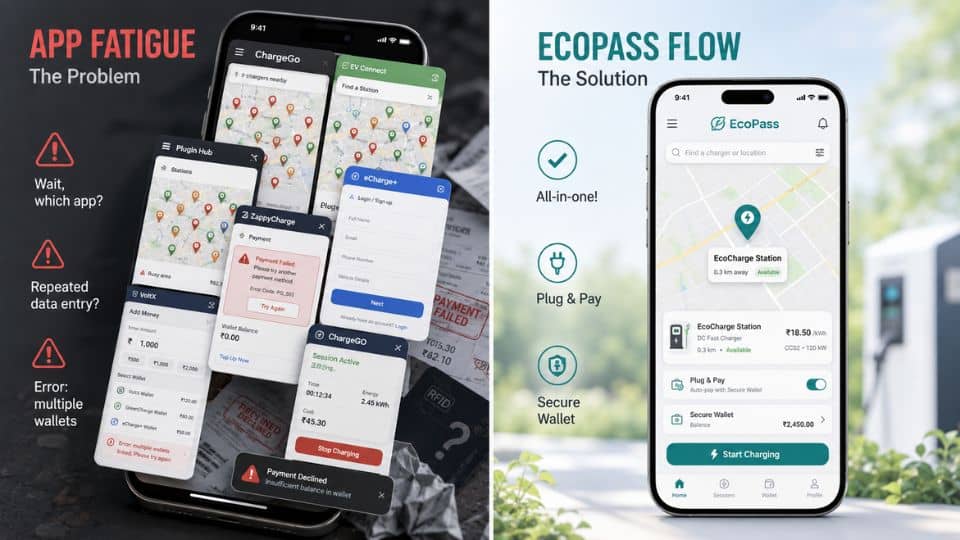Graphic showing EV charging app fatigue versus one clean EcoPass flow