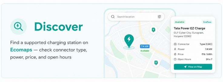 EcoPass discover map screen showing nearby EV chargers