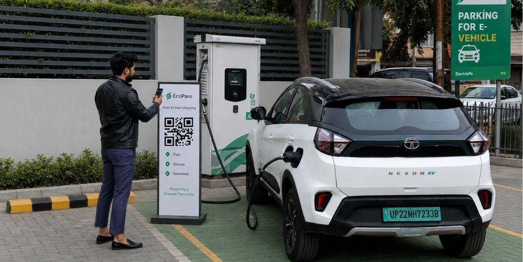 EV driver scanning a UPI QR code for app-free EV charging at an EcoPass supported charging station in India